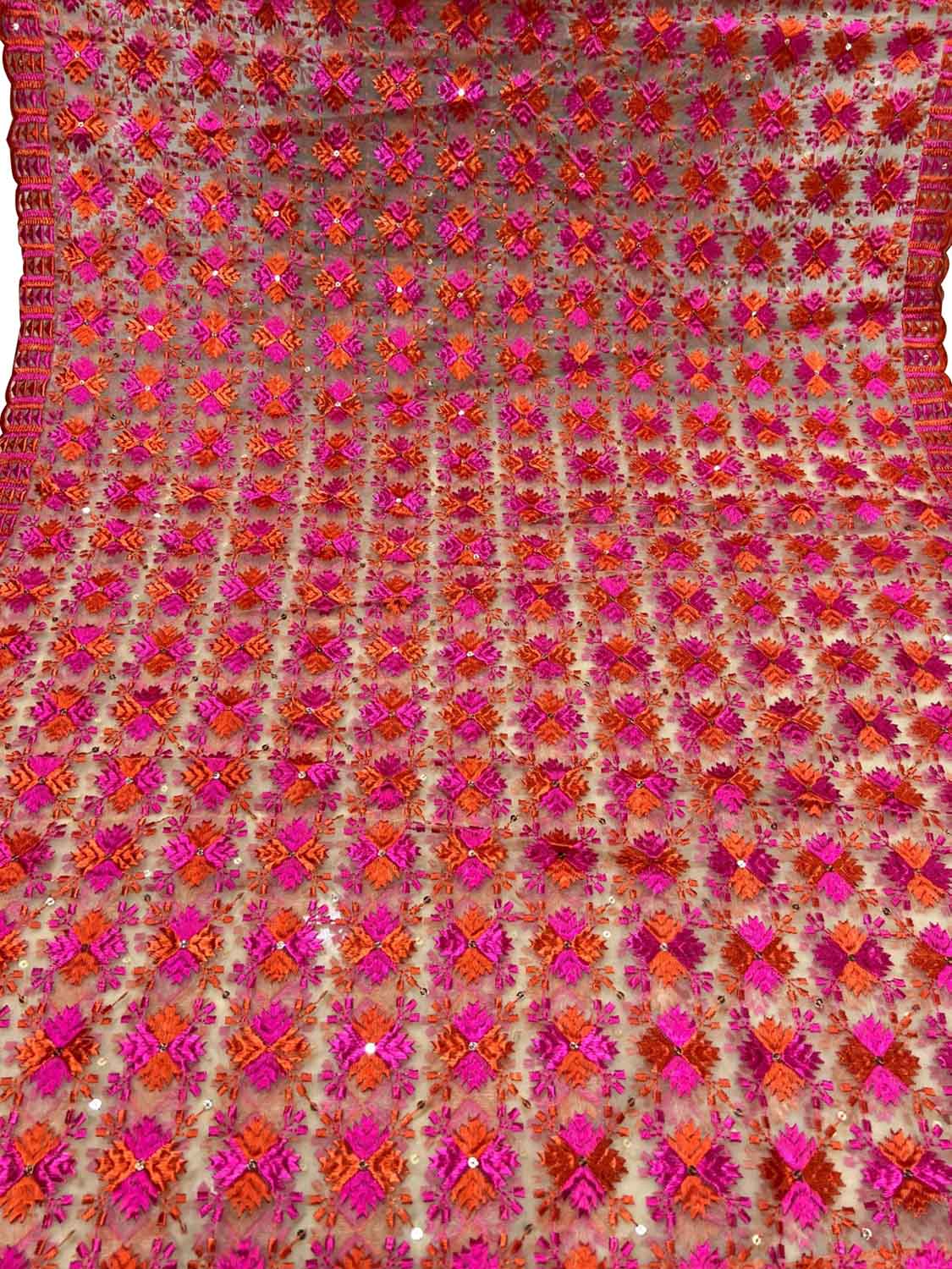 Pink Phulkari Embroidered Organza Silk Sequins Scallop Dupatta - Luxurion World