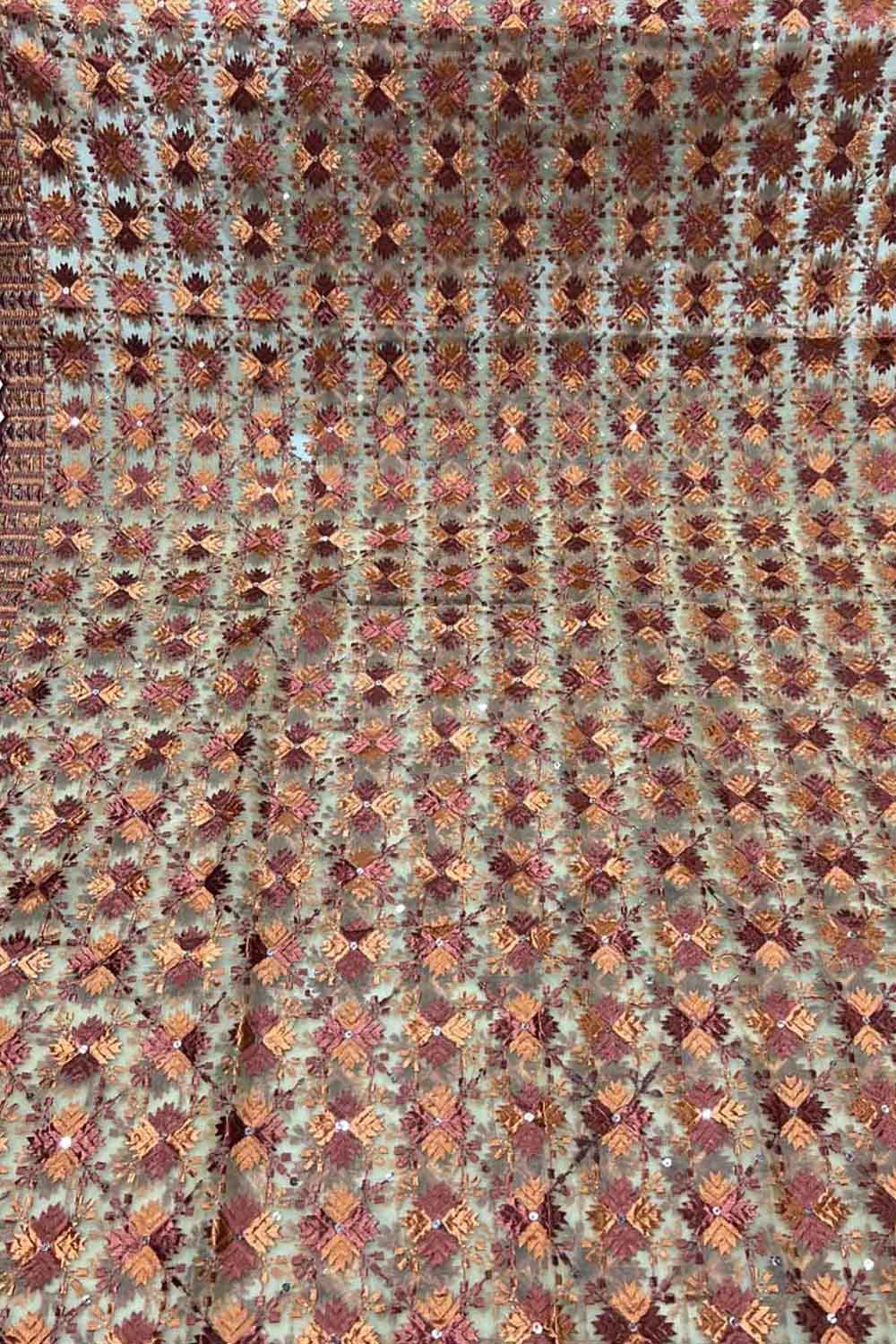 Brown Phulkari Embroidered Organza Silk Sequins Scallop Dupatta - Luxurion World