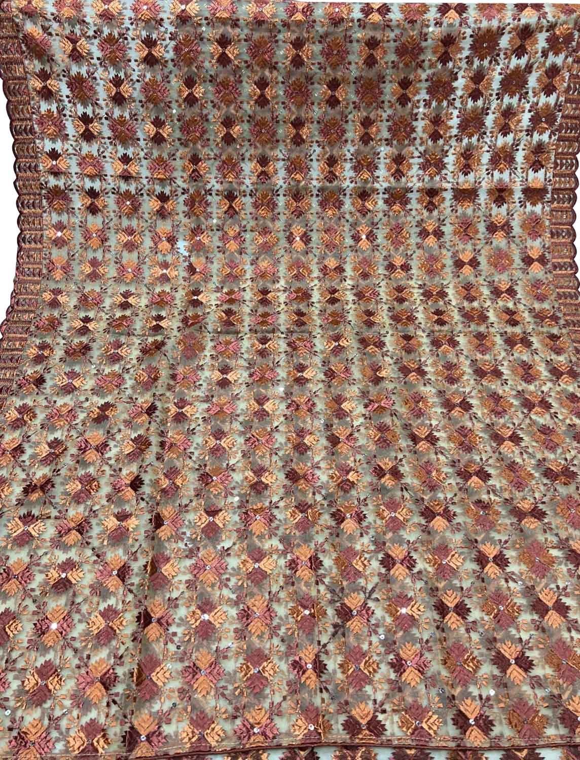 Brown Phulkari Embroidered Organza Silk Sequins Scallop Dupatta - Luxurion World