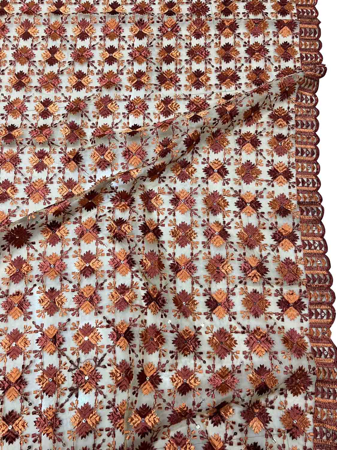 Brown Phulkari Embroidered Organza Silk Sequins Scallop Dupatta - Luxurion World
