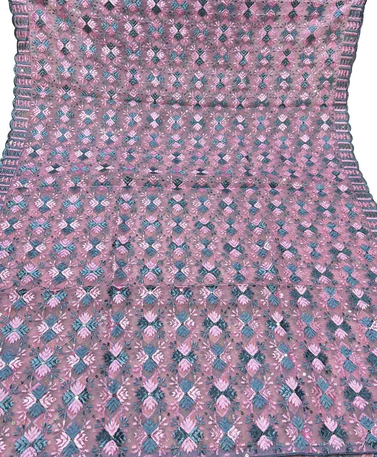 Pink Phulkari Embroidered Organza Silk Sequins Scallop Dupatta - Luxurion World