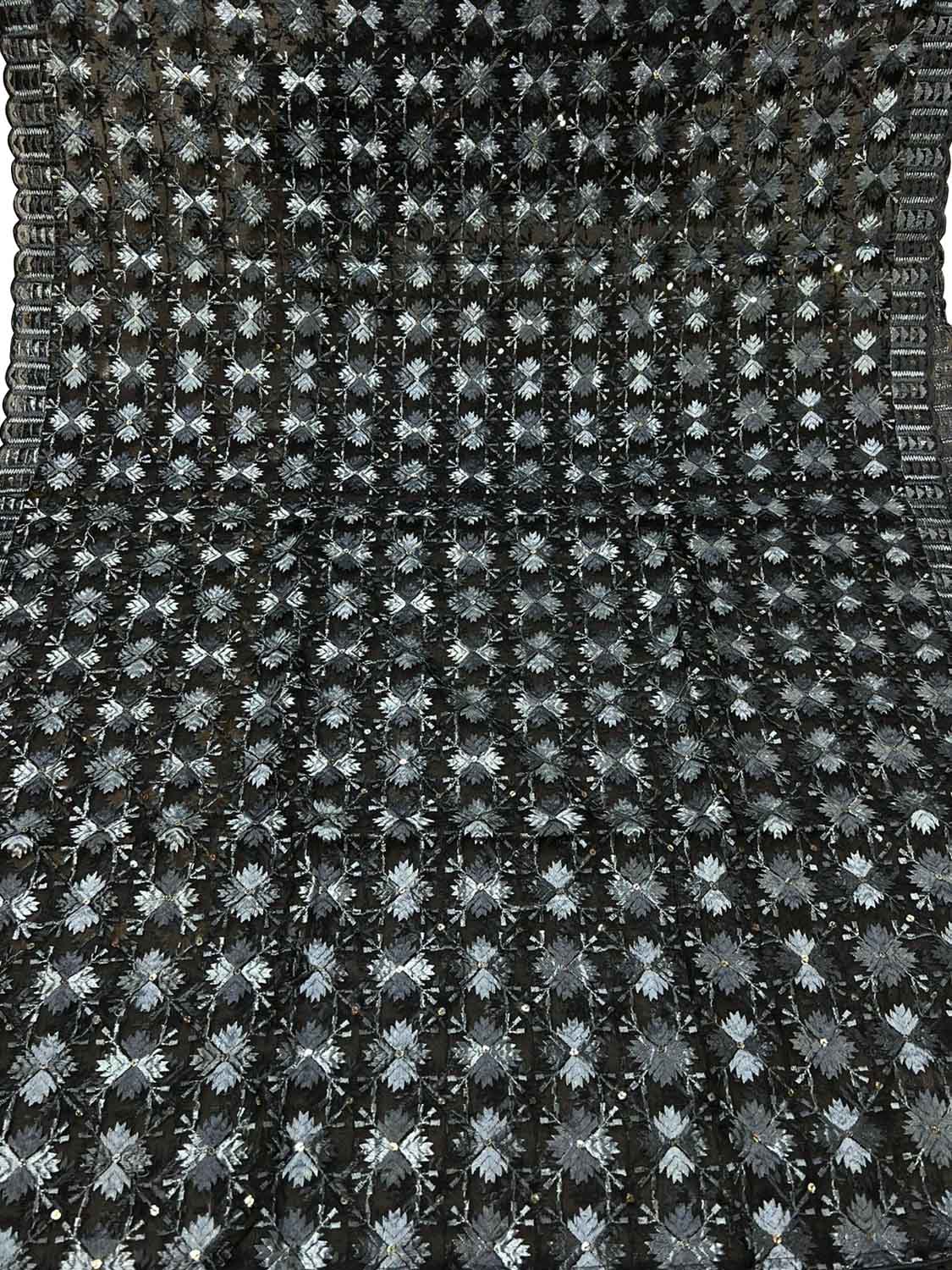 Black Phulkari Embroidered Organza Silk Sequins Scallop Dupatta - Luxurion World