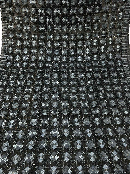 Black Phulkari Embroidered Organza Silk Sequins Scallop Dupatta