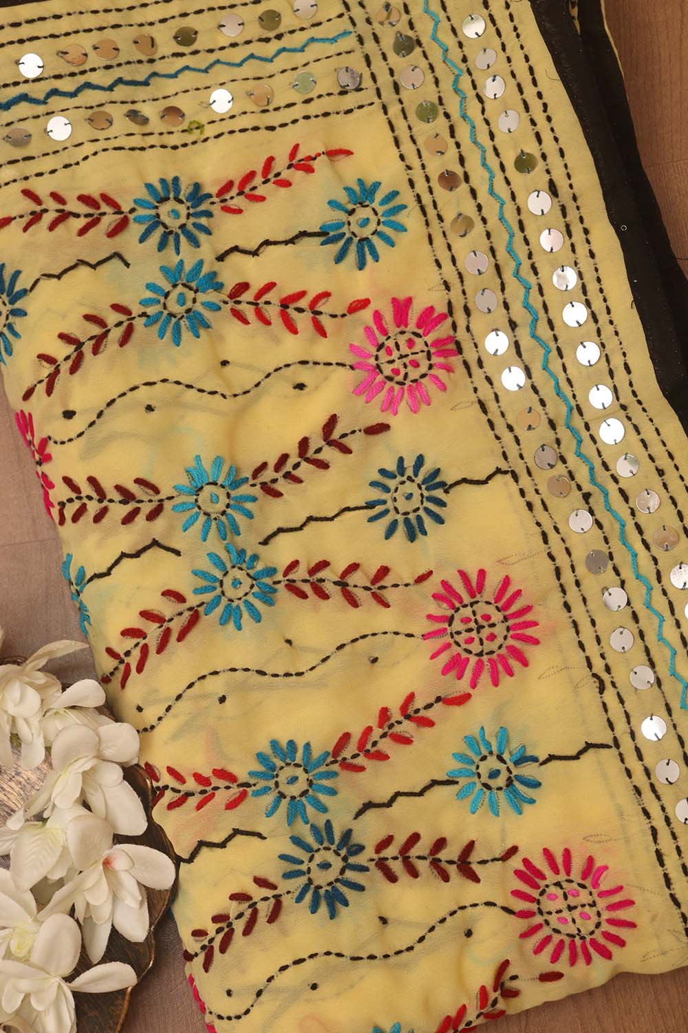 Yellow Phulkari Hand Embroidered Georgette Dupatta - Luxurion World