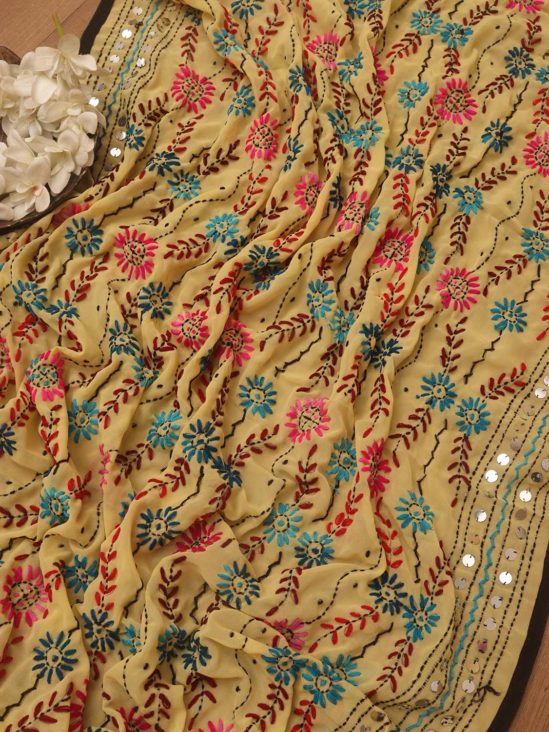 Yellow Phulkari Hand Embroidered Georgette Dupatta - Luxurion World