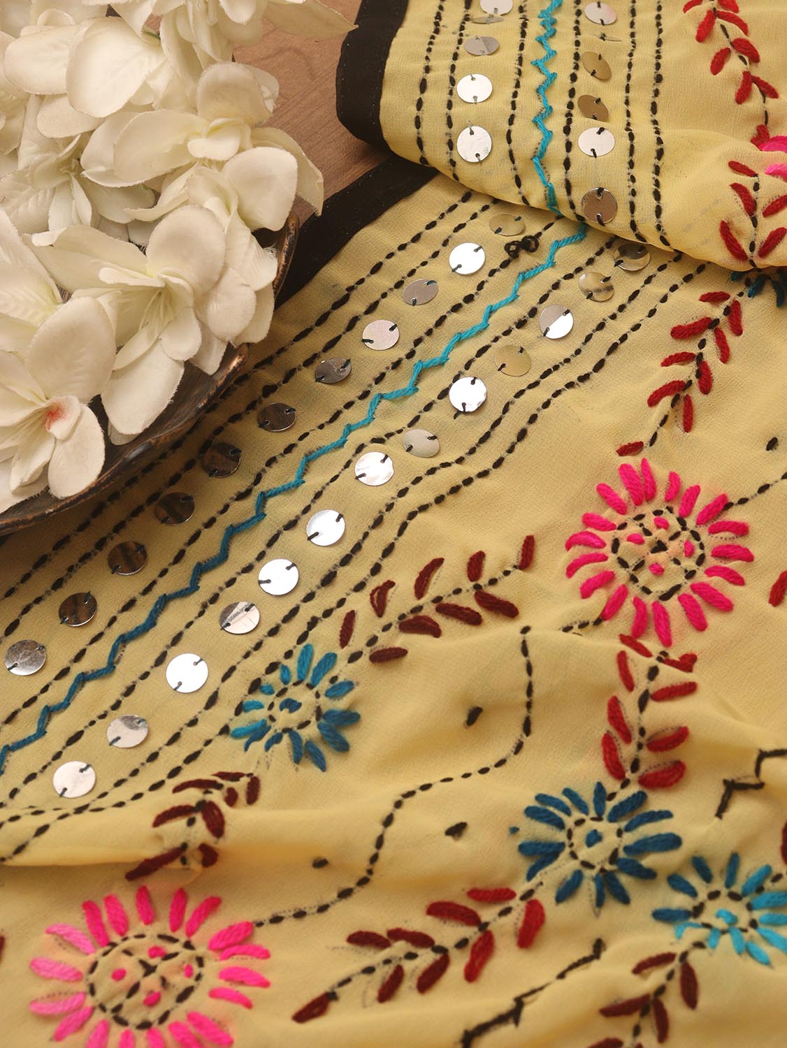 Yellow Phulkari Hand Embroidered Georgette Dupatta - Luxurion World