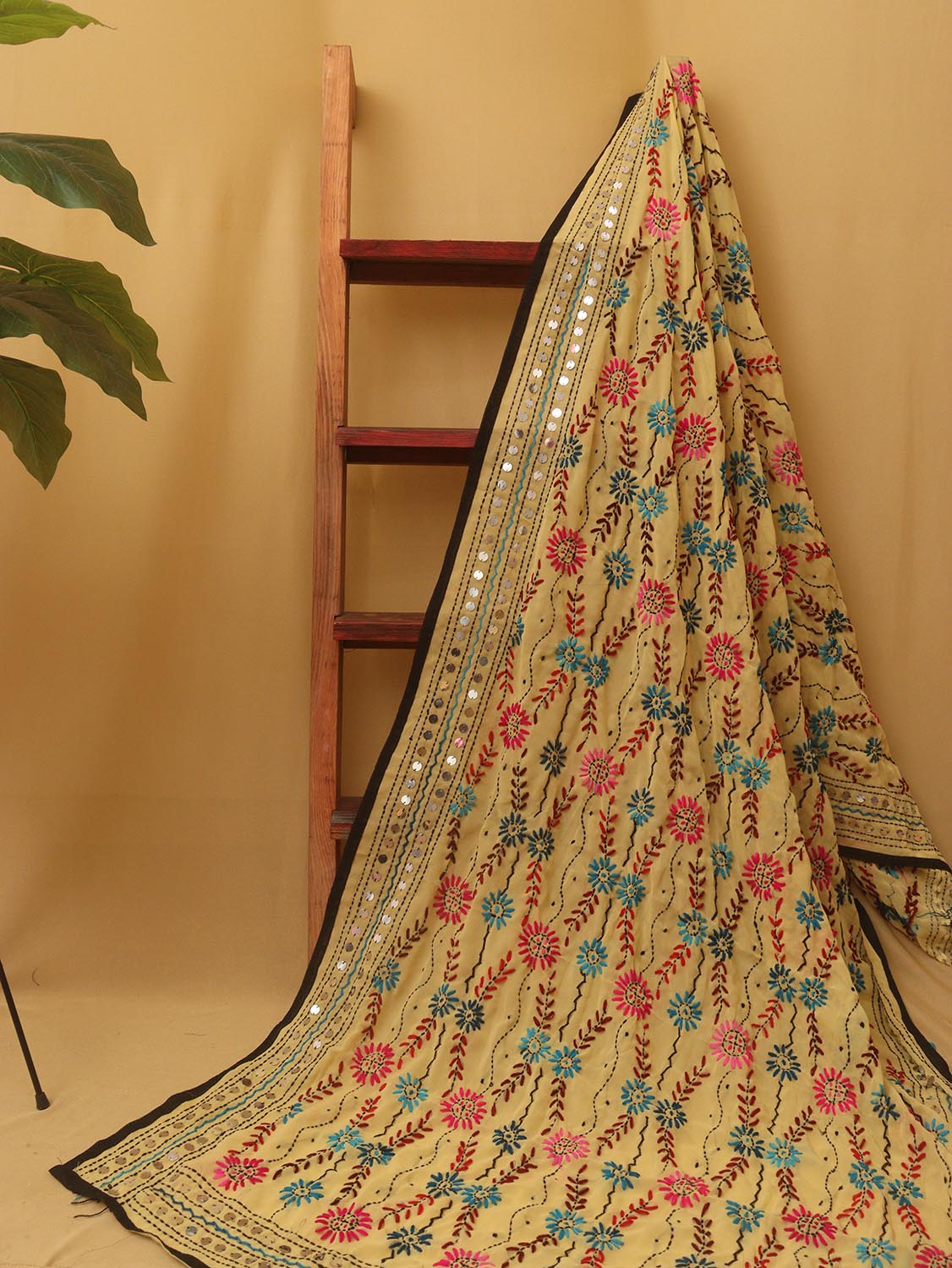 Yellow Phulkari Hand Embroidered Georgette Dupatta - Luxurion World