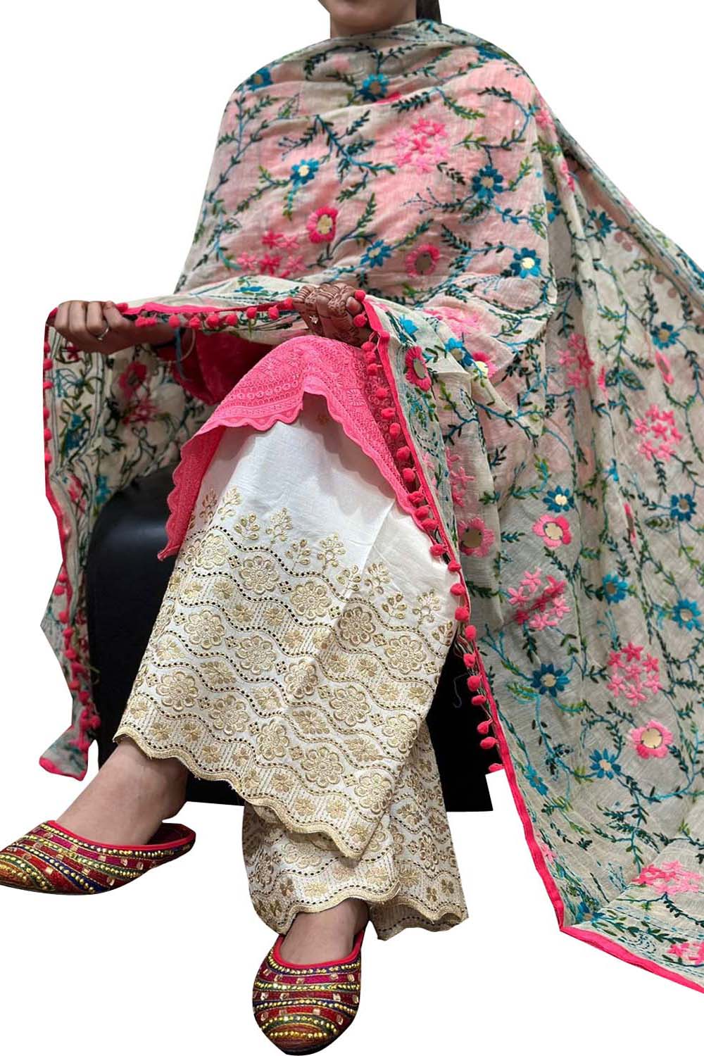 Stunning Multicolor Phulkari Embroidered Raw Silk Dupatta - Perfect for Any Occasion! - Luxurion World