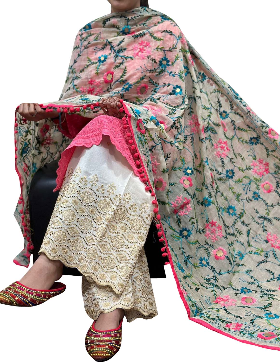 Stunning Multicolor Phulkari Embroidered Raw Silk Dupatta - Perfect for Any Occasion! - Luxurion World