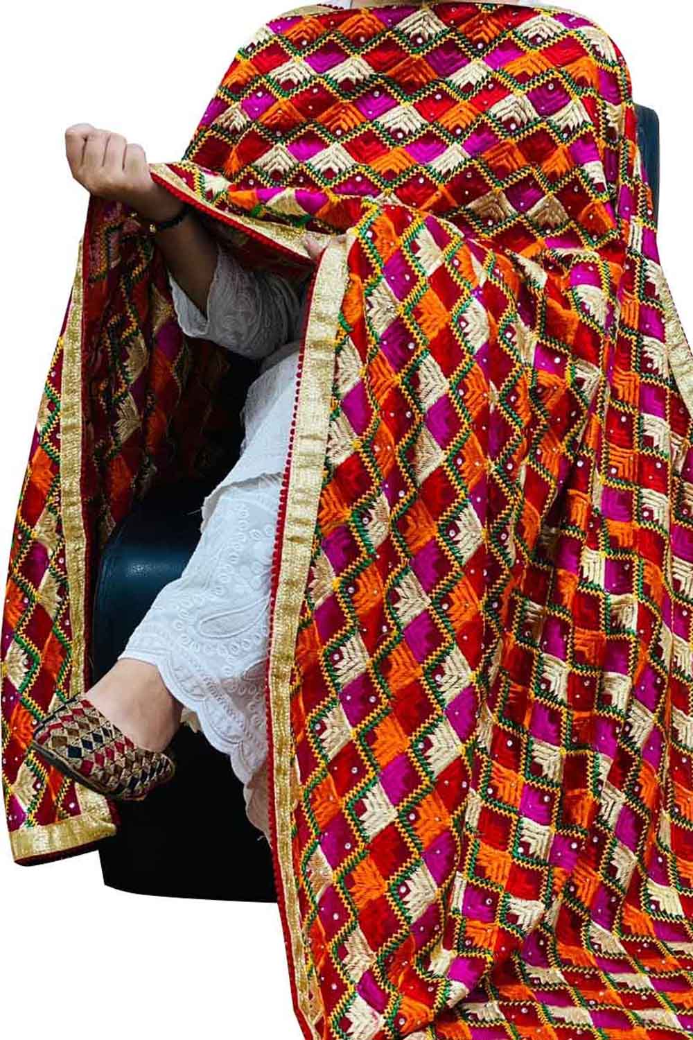 Stunning Multicolor Phulkari Embroidered Chinon Dupatta - Perfect for Any Occasion! - Luxurion World