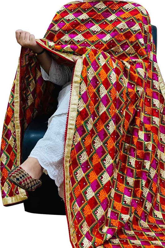 Stunning Multicolor Phulkari Embroidered Chinon Dupatta - Perfect for Any Occasion!