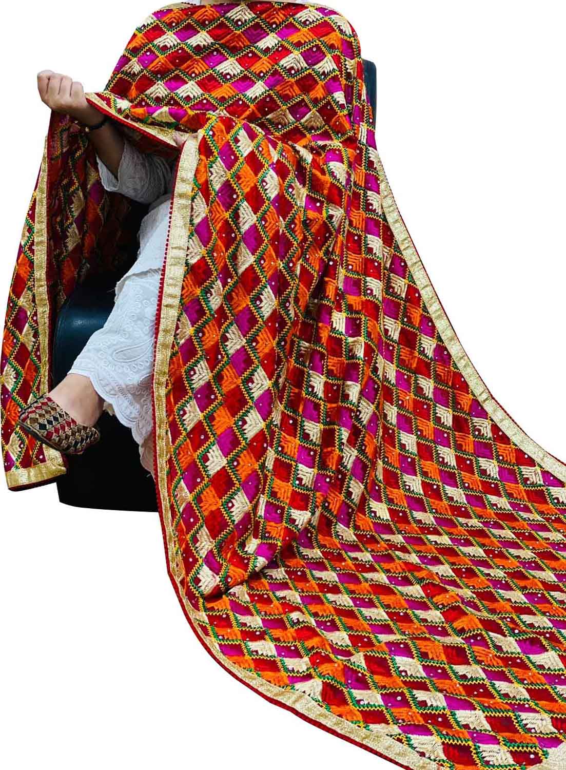 Stunning Multicolor Phulkari Embroidered Chinon Dupatta - Perfect for Any Occasion! - Luxurion World