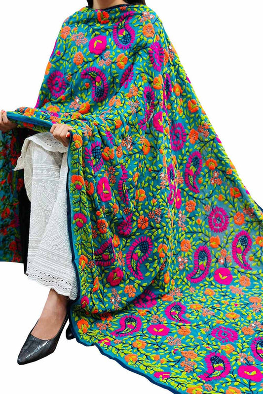 Stunning Green Phulkari Georgette Dupatta with Hand Embroidery - Luxurion World