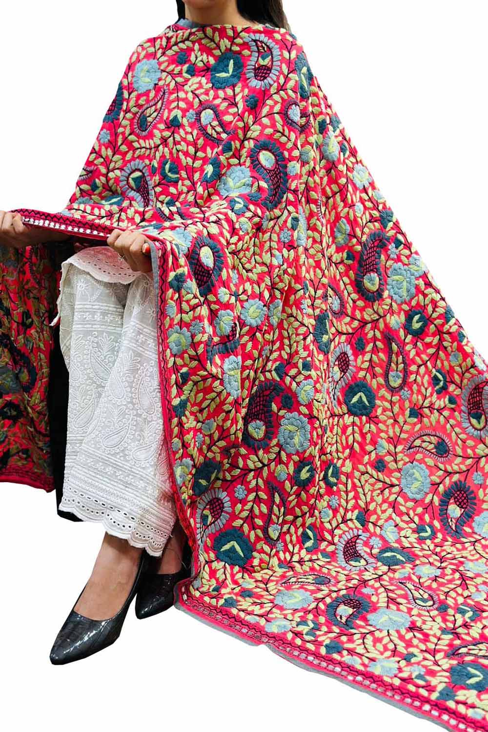 Stunning Red Phulkari Georgette Dupatta with Hand Embroidery - Luxurion World