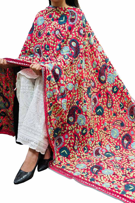 Stunning Red Phulkari Georgette Dupatta with Hand Embroidery - Luxurion World