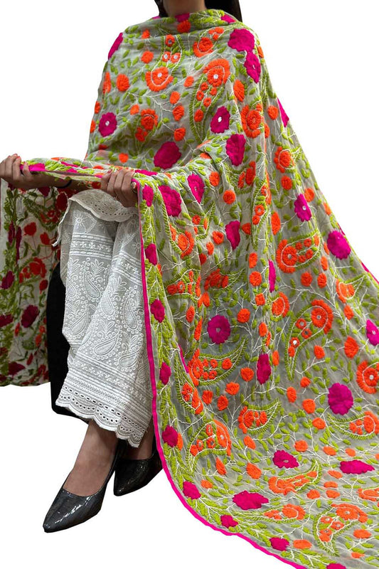 Stunning Grey Phulkari Georgette Dupatta with Hand Embroidery - Luxurion World