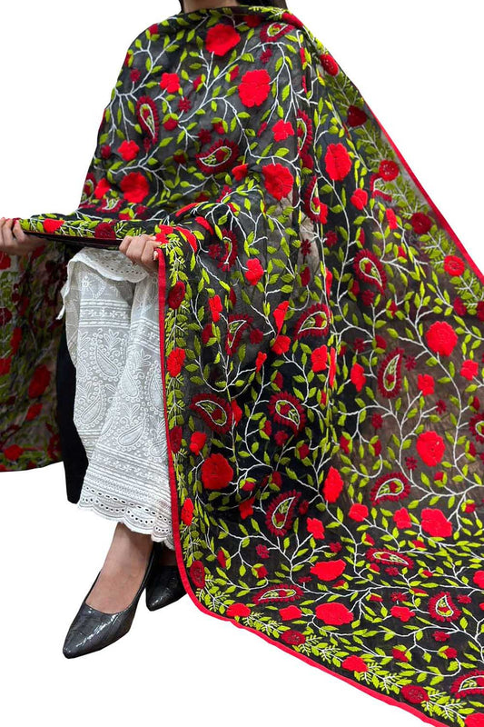Stunning Black Phulkari Georgette Dupatta with Hand Embroidery - Luxurion World