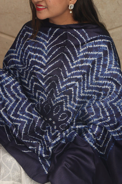 Blue Shibori Tie N Dye Pure Tussar Silk Hand Needle Work Dupatta - Luxurion World