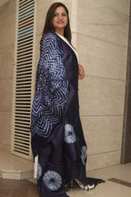 Blue Shibori Tie N Dye Pure Tussar Silk Hand Needle Work Dupatta - Luxurion World- Crafted Heirlooms