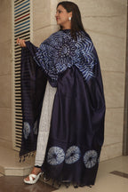 Blue Shibori Tie N Dye Pure Tussar Silk Hand Needle Work Dupatta - Luxurion World- Crafted Heirlooms