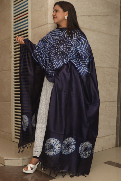 Blue Shibori Tie N Dye Pure Tussar Silk Hand Needle Work Dupatta - Luxurion World