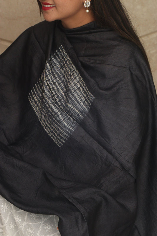 Black Shibori Tie N Dye Pure Tussar Silk Hand Needle Work Dupatta - Luxurion World
