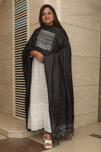 Black Shibori Tie N Dye Pure Tussar Silk Hand Needle Work Dupatta - Luxurion World- Crafted Heirlooms