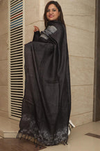 Black Shibori Tie N Dye Pure Tussar Silk Hand Needle Work Dupatta - Luxurion World- Crafted Heirlooms