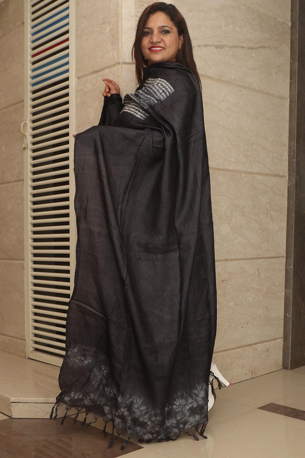 Black Shibori Tie N Dye Pure Tussar Silk Hand Needle Work Dupatta - Luxurion World