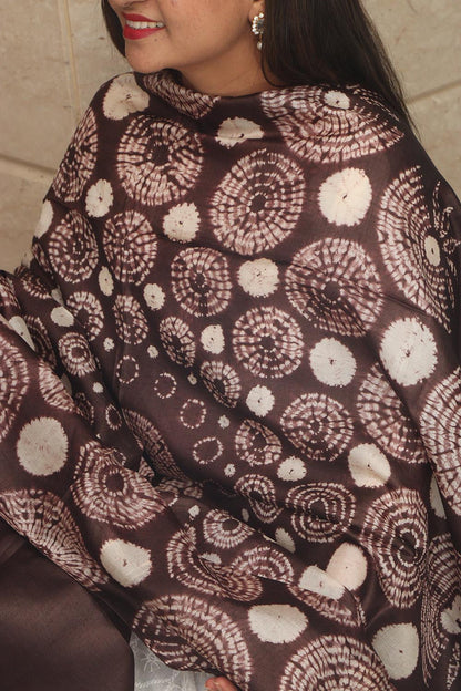 Brown Shibori Tie N Dye Pure Tussar Silk Hand Needle Work Dupatta - Luxurion World