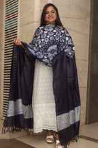 Blue Shibori Tie N Dye Pure Tussar Silk Hand Needle Work Dupatta - Luxurion World- Crafted Heirlooms