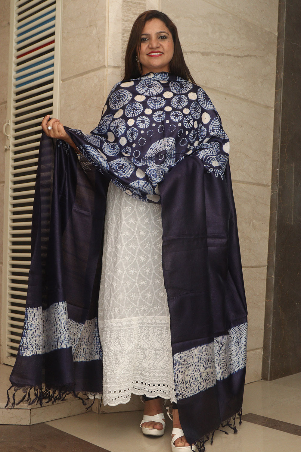 Blue Shibori Tie N Dye Pure Tussar Silk Hand Needle Work Dupatta - Luxurion World- Crafted Heirlooms