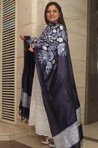 Blue Shibori Tie N Dye Pure Tussar Silk Hand Needle Work Dupatta - Luxurion World- Crafted Heirlooms