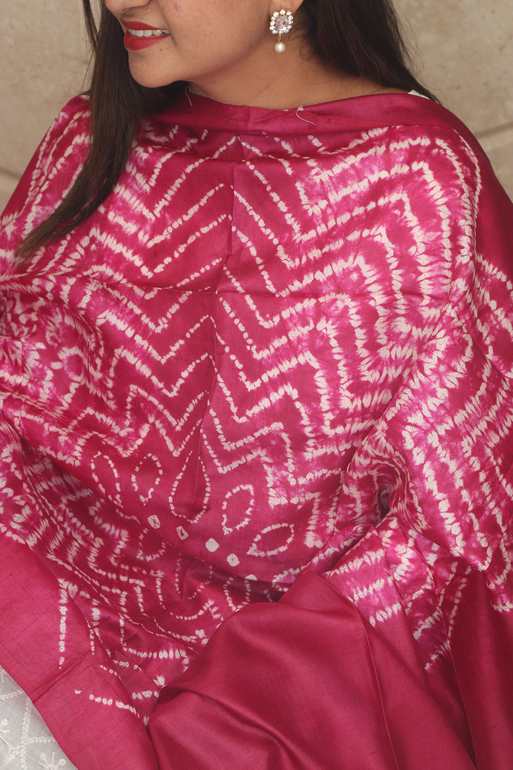 Pink Shibori Tie N Dye Pure Tussar Silk Hand Needle Work Dupatta - Luxurion World