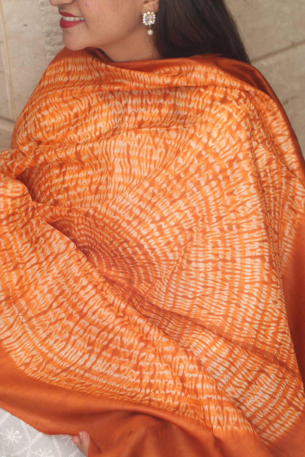 Orange Shibori Tie N Dye Pure Tussar Silk Hand Needle Work Dupatta - Luxurion World