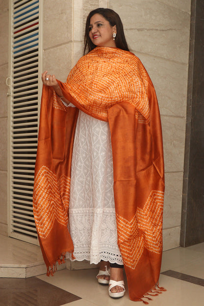 Orange Shibori Tie N Dye Pure Tussar Silk Hand Needle Work Dupatta - Luxurion World
