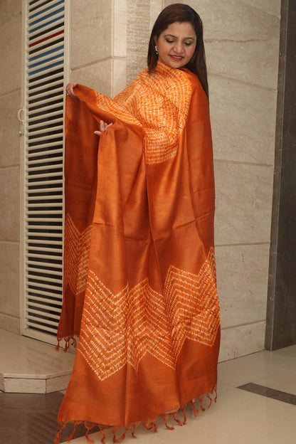 Orange Shibori Tie N Dye Pure Tussar Silk Hand Needle Work Dupatta - Luxurion World