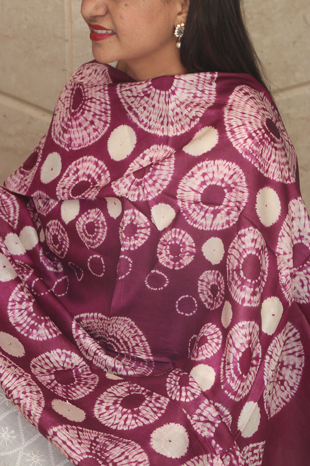 Purple Shibori Tie N Dye Pure Tussar Silk Hand Needle Work Dupatta - Luxurion World