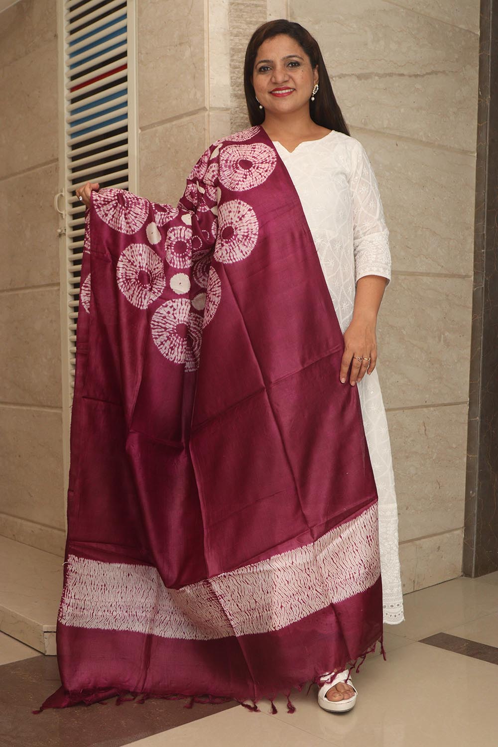 Purple Shibori Tie N Dye Pure Tussar Silk Hand Needle Work Dupatta - Luxurion World