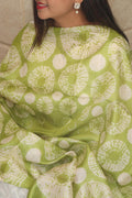 Green Shibori Tie N Dye Pure Tussar Silk Hand Needle Work Dupatta - Luxurion World- Crafted Heirlooms