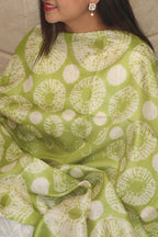 Green Shibori Tie N Dye Pure Tussar Silk Hand Needle Work Dupatta - Luxurion World- Crafted Heirlooms