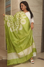 Green Shibori Tie N Dye Pure Tussar Silk Hand Needle Work Dupatta - Luxurion World- Crafted Heirlooms
