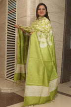 Green Shibori Tie N Dye Pure Tussar Silk Hand Needle Work Dupatta - Luxurion World- Crafted Heirlooms