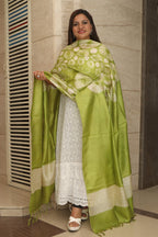 Green Shibori Tie N Dye Pure Tussar Silk Hand Needle Work Dupatta - Luxurion World- Crafted Heirlooms