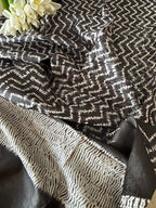 Black Shibori Tie N Dye Pure Tussar Silk Hand Needle Work Dupatta - Luxurion World- Crafted Heirlooms