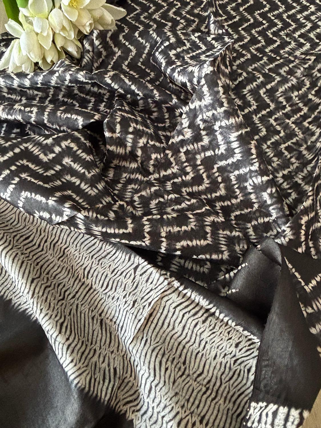 Black Shibori Tie N Dye Pure Tussar Silk Hand Needle Work Dupatta - Luxurion World