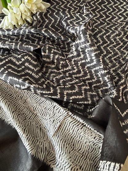 Black Shibori Tie N Dye Pure Tussar Silk Hand Needle Work Dupatta - Luxurion World