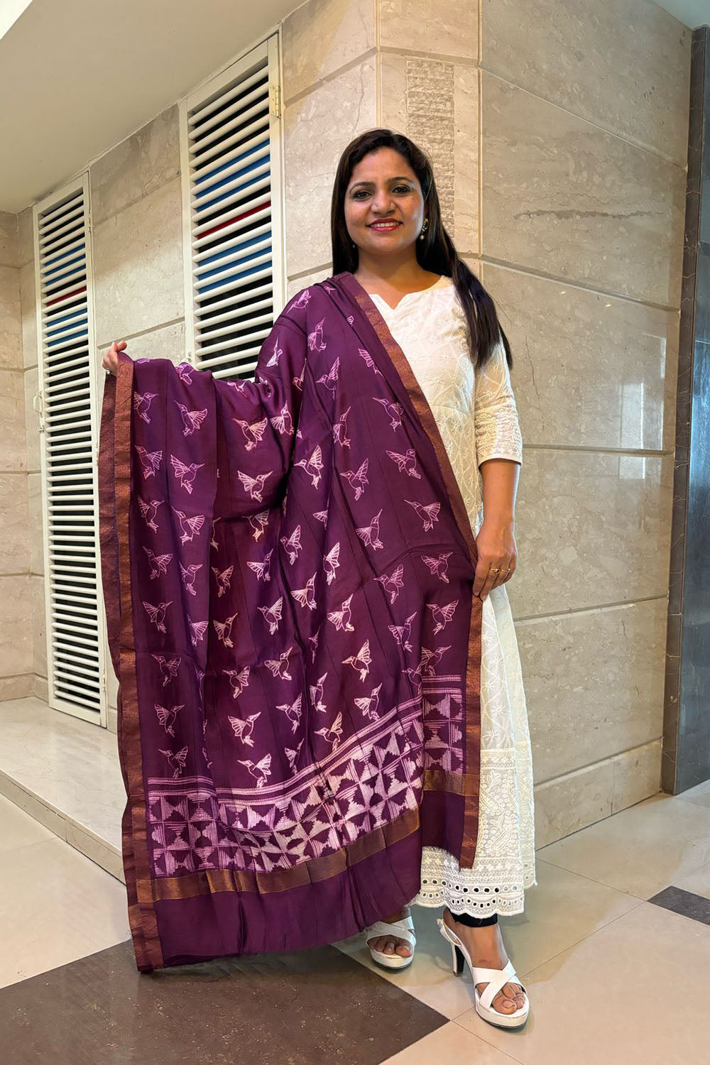Stunning Purple Shibori Tie N Dye Maheshwari Silk Dupatta - Luxurion World- Crafted Heirlooms