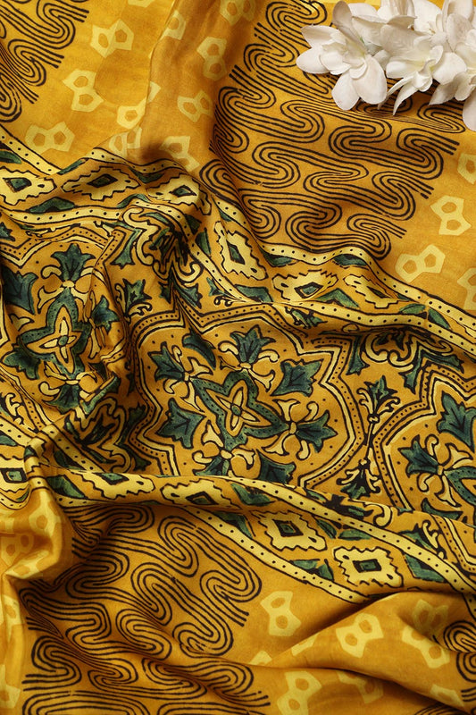 Yellow Block Printed Ajrakh Modal Satin Silk Fabric ( 2.5 Mtr )