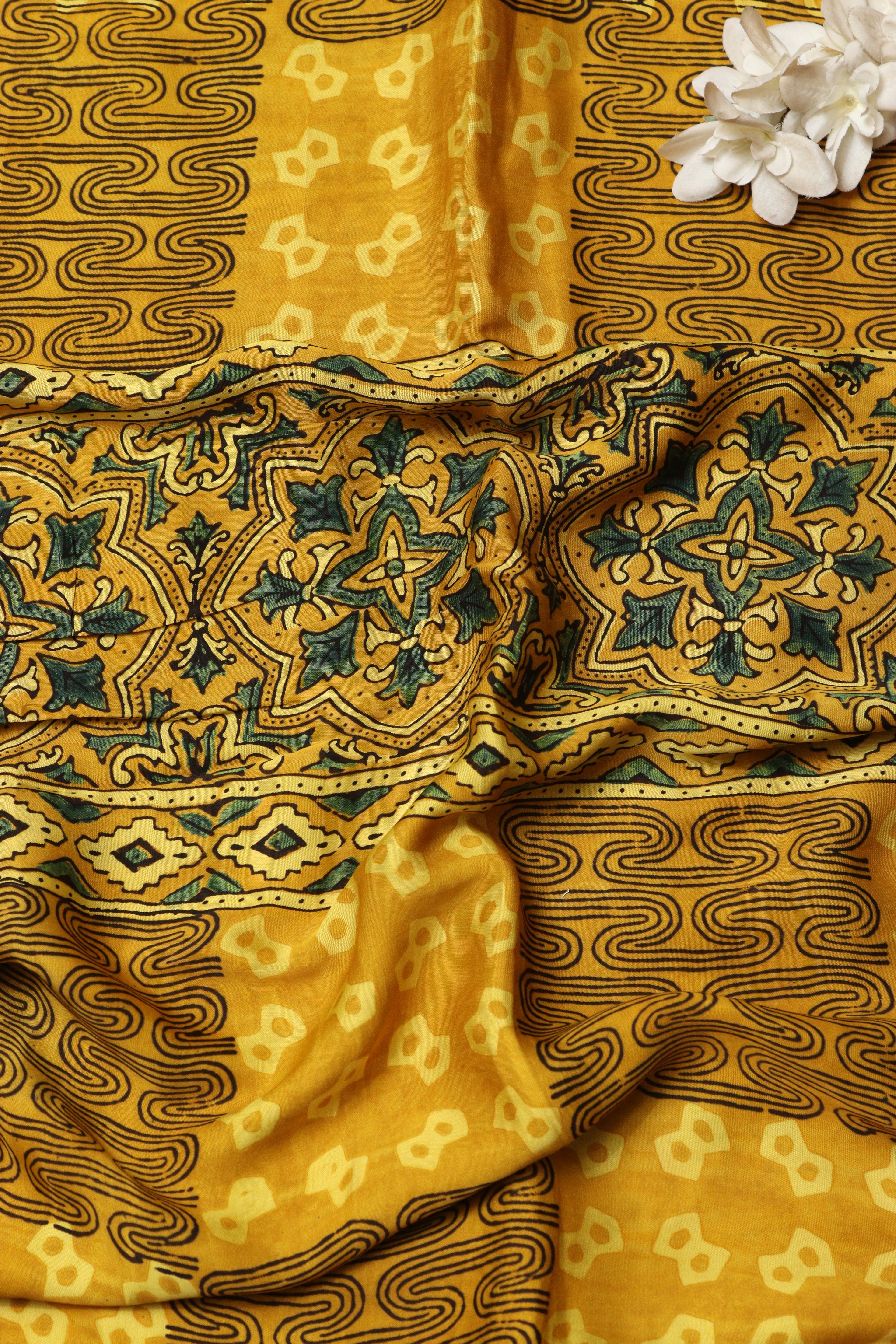 Yellow Block Printed Ajrakh Modal Satin Silk Fabric ( 2.5 Mtr ) - Luxurion World